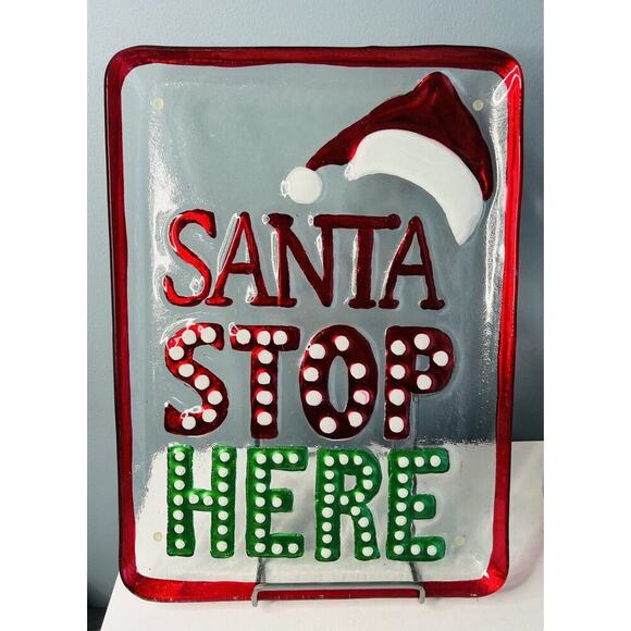 17” x 12” Large Christmas Serving Platter Infused Glass 14" Santa Stops Here - Picture 1 of 8